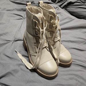 Cream Lace-Up Ankle Boots